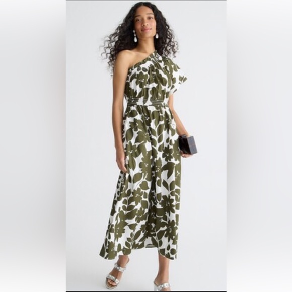 J.Crew Smocked cotton poplin one-shoulder dress in leafy floral NWOT size M - Picture 1 of 8